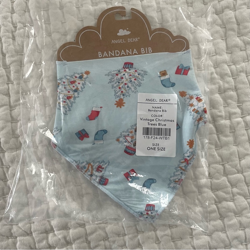 NWT Angel Dear Vintage Christmas Trees Blue Bandana Bib